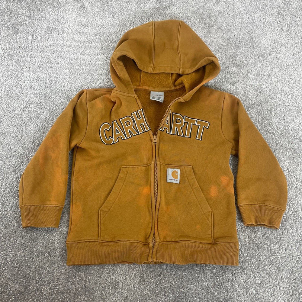 Carhartt Hoodie Boys Size 6 Sweatshirt Fleece Zip Up Distressed Logo Brown